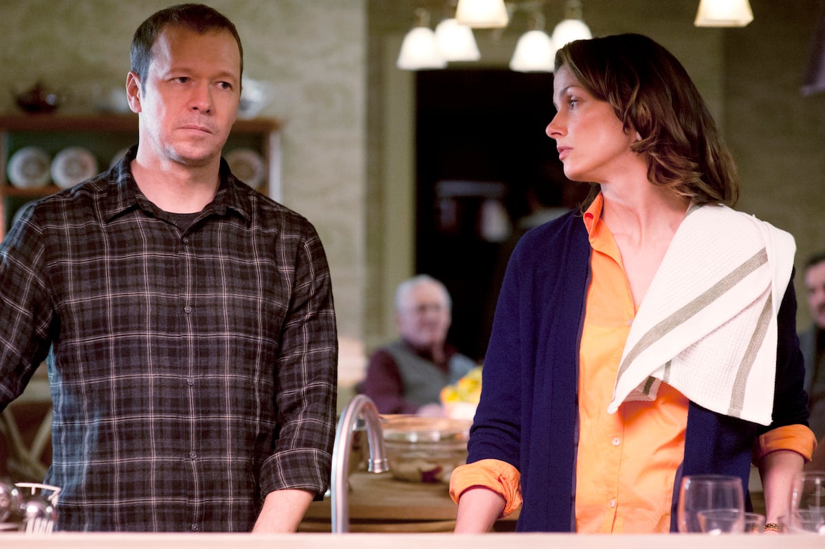 Donnie Wahlberg as Danny and Bridget Moynahan as Erin film a scene for Blue Bloods