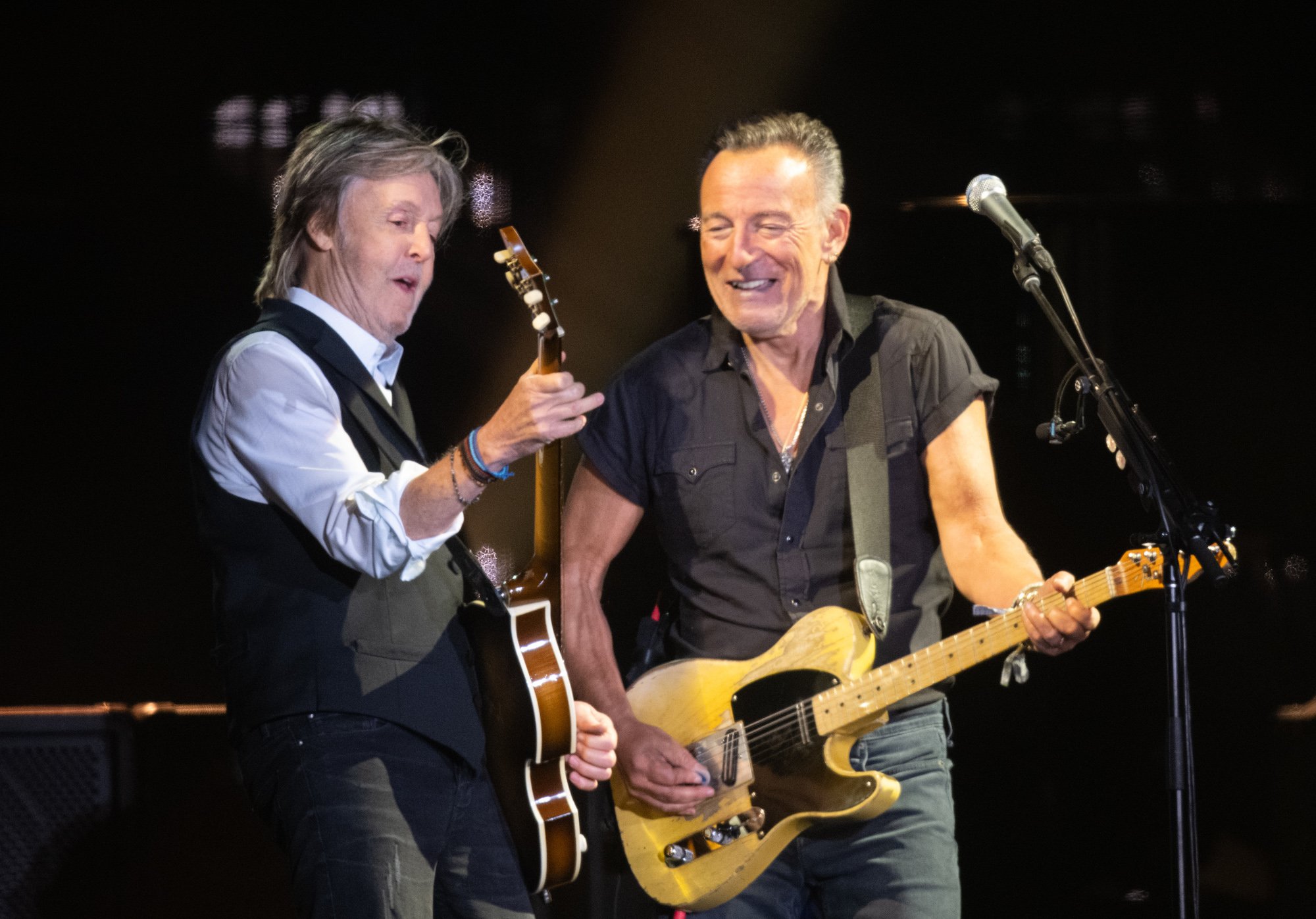 Paul McCartney of The Beatles performs with Bruce Springsteen at the 2022 Glastonbury Festival