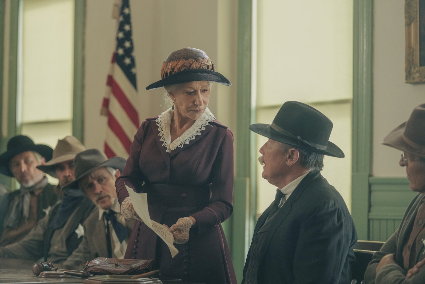 Helen Mirren as Cara Dutton speaking to Sheriff McDowell in '1923' episode 4