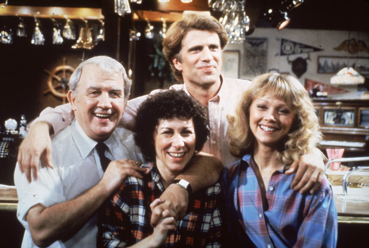 'Cheers': Ted Danson puts his arms around Nichoas Colasanto. Rhea Perlman and Shelley Long in front of the bar