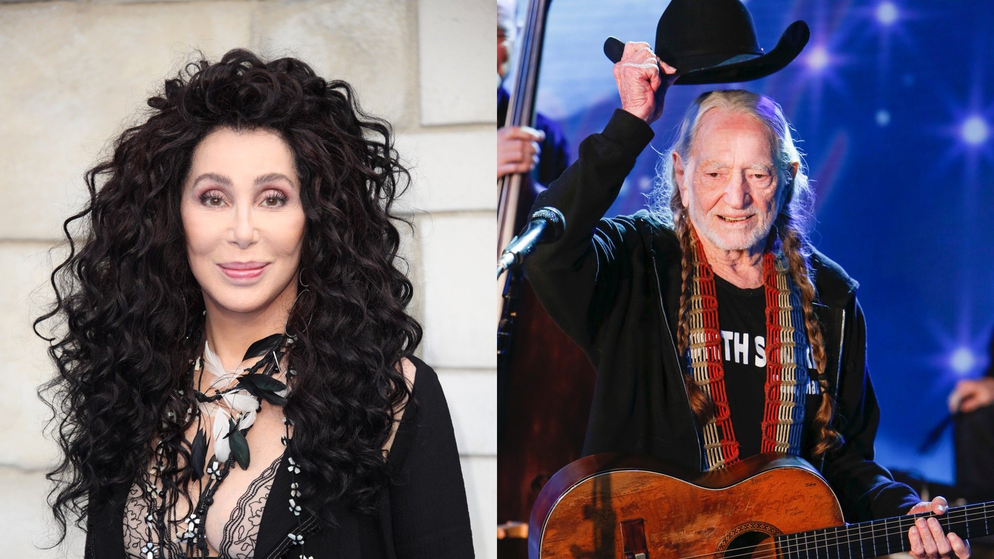 (L) Cher attends the UK Premiere of "Mamma Mia! Here We Go Again" at Eventim Apollo on July 16, 2018 in London, England. (R) Willie Nelson on "Jimmy Kimmel Live!" in 2018.