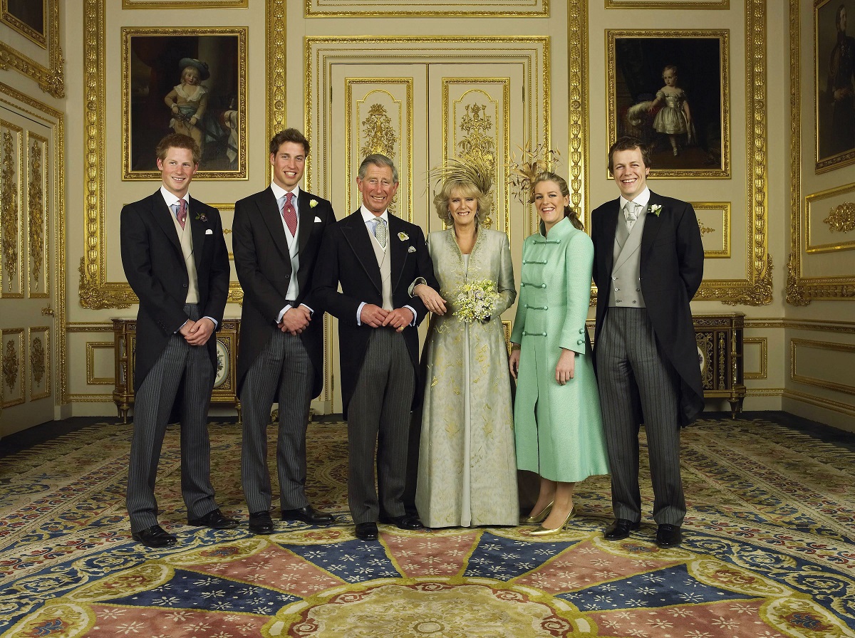Clarence House official handout photo of then-Prince Charles with Camilla Parker Bowles and children (L-R) Prince Harry, Prince William, Laura Lopes, and Tom Parker Bowles