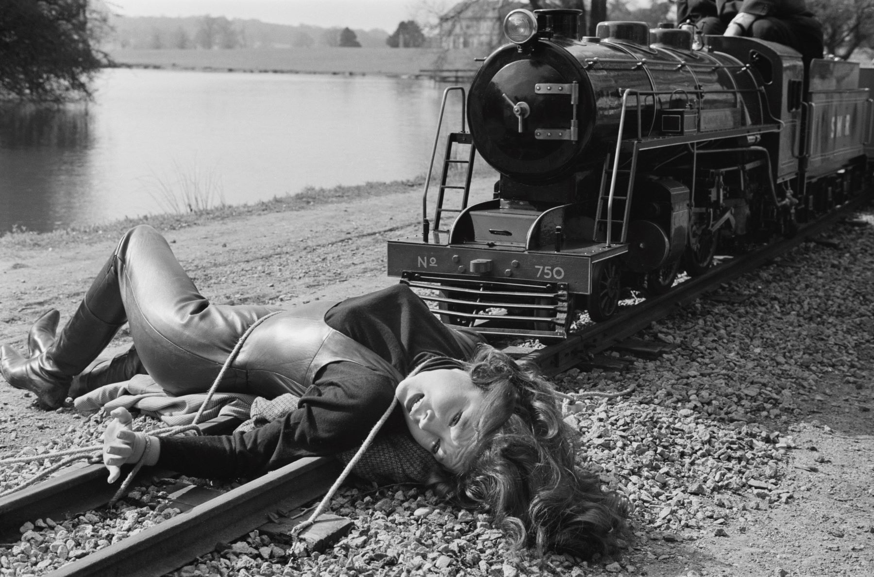 Diana Rigg as Emma Peel in 'The Avengers' filming a train scene