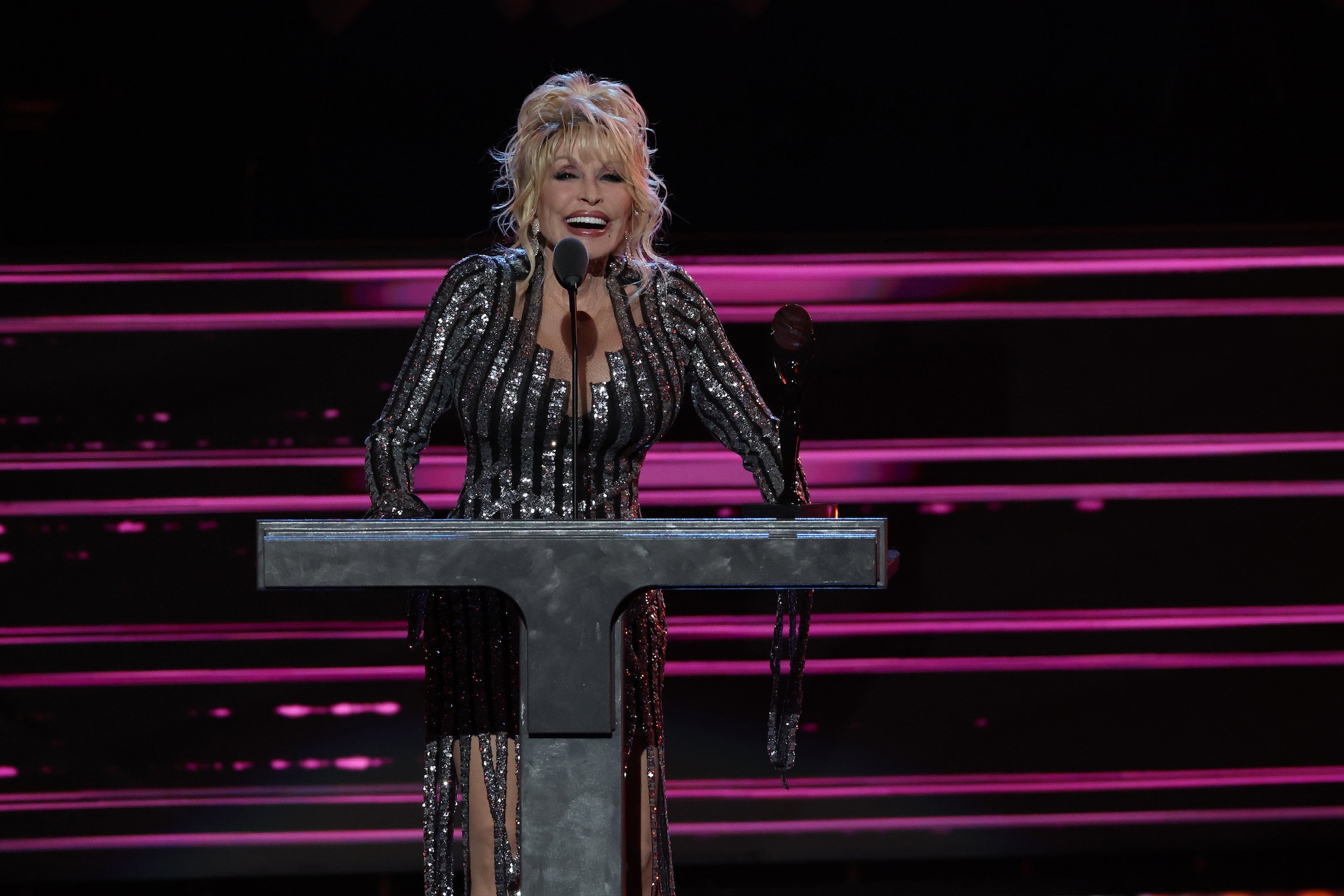 Dolly Parton speaks onstage at the 37th Annual Rock and Roll Hall of Fame Induction Ceremony in Los Angeles, California