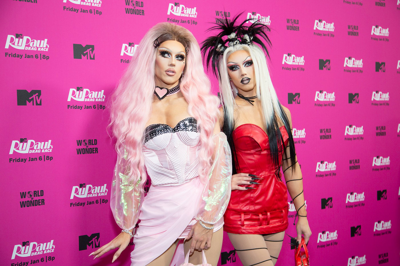 Twin 'Drag Race' contestants Sugar and Spice, who lip synced against each other, on the red carpet