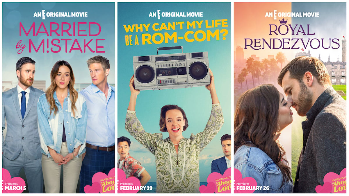 Key art for three new rom-coms on E! starring Chloe Bennet, Ruairi O'Connor, and more