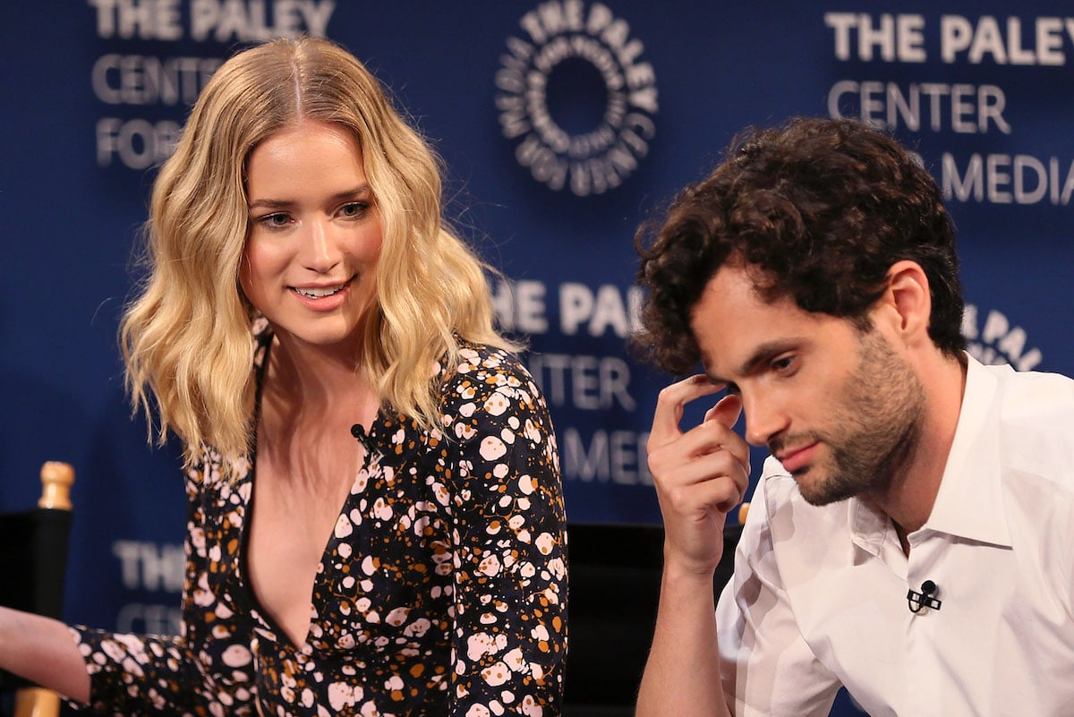 Elizabeth Lail and Penn Badgley give a media interview for You in 2018