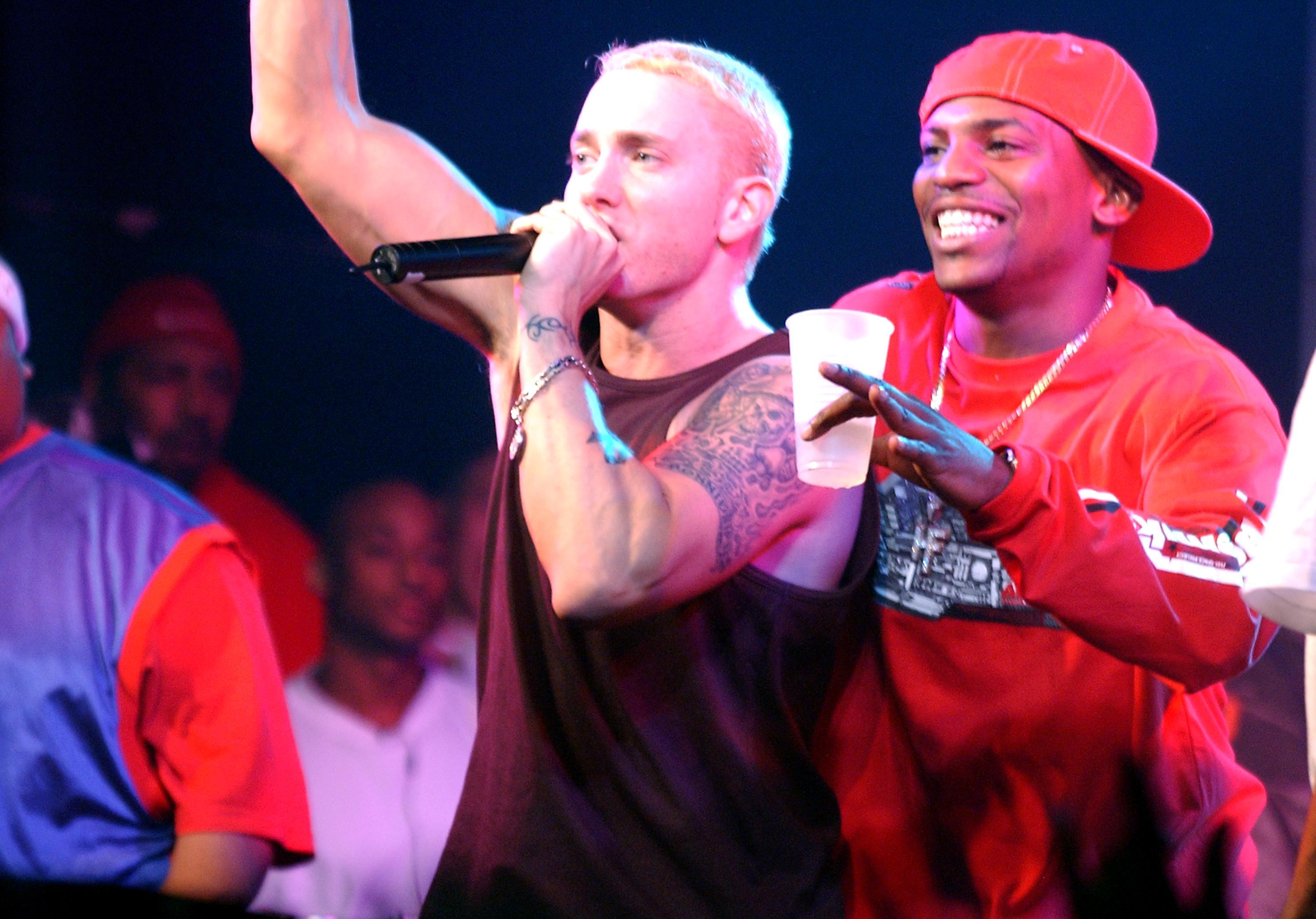 Eminem and Mekhi Phifer perform at the Universal DVD release party for 8 Mile