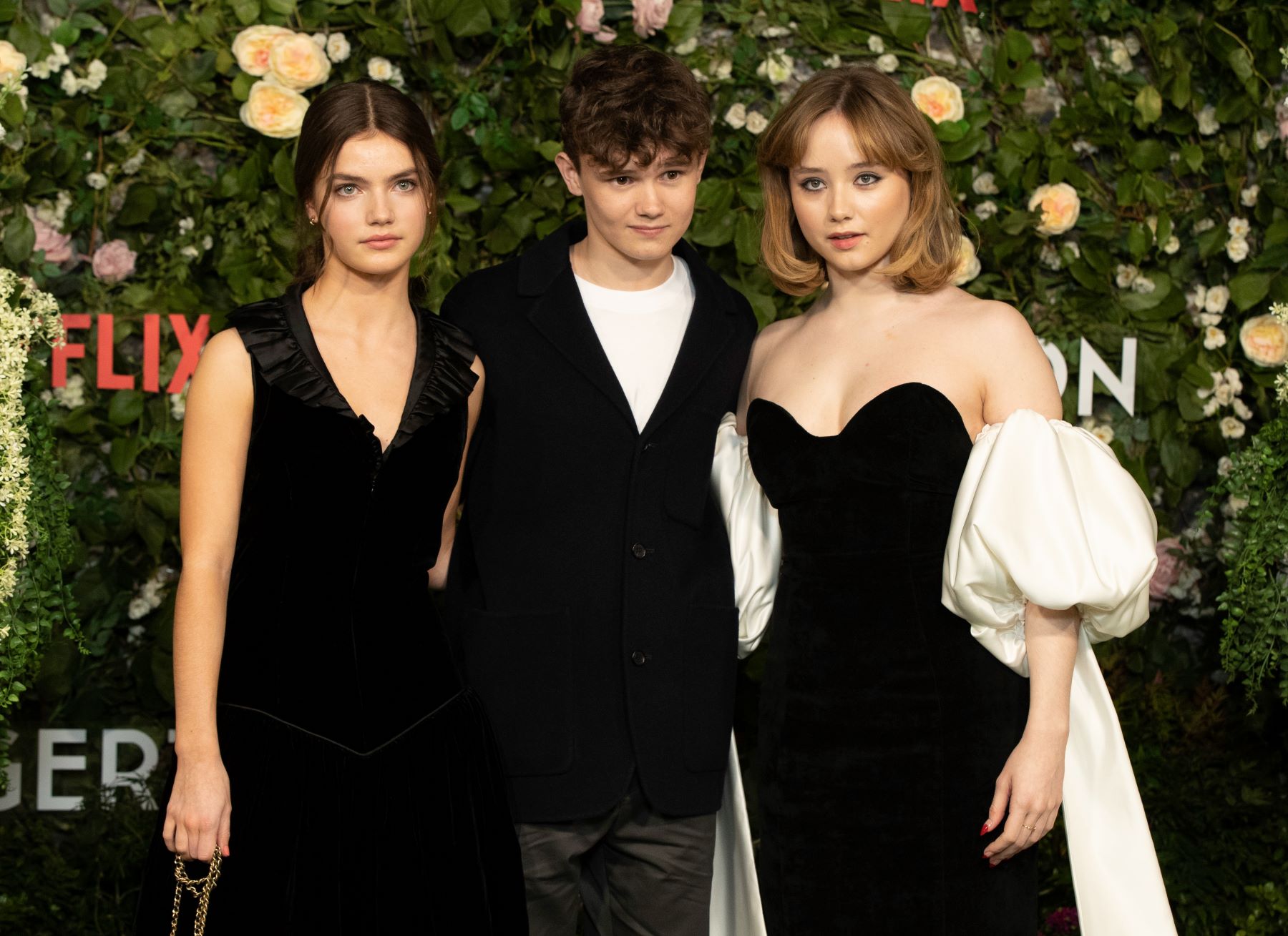 (L to R) Florence Hunt, Will Tilston, and Ruby Stokes as the Season 2 world premiere of 'Bridgerton' in London