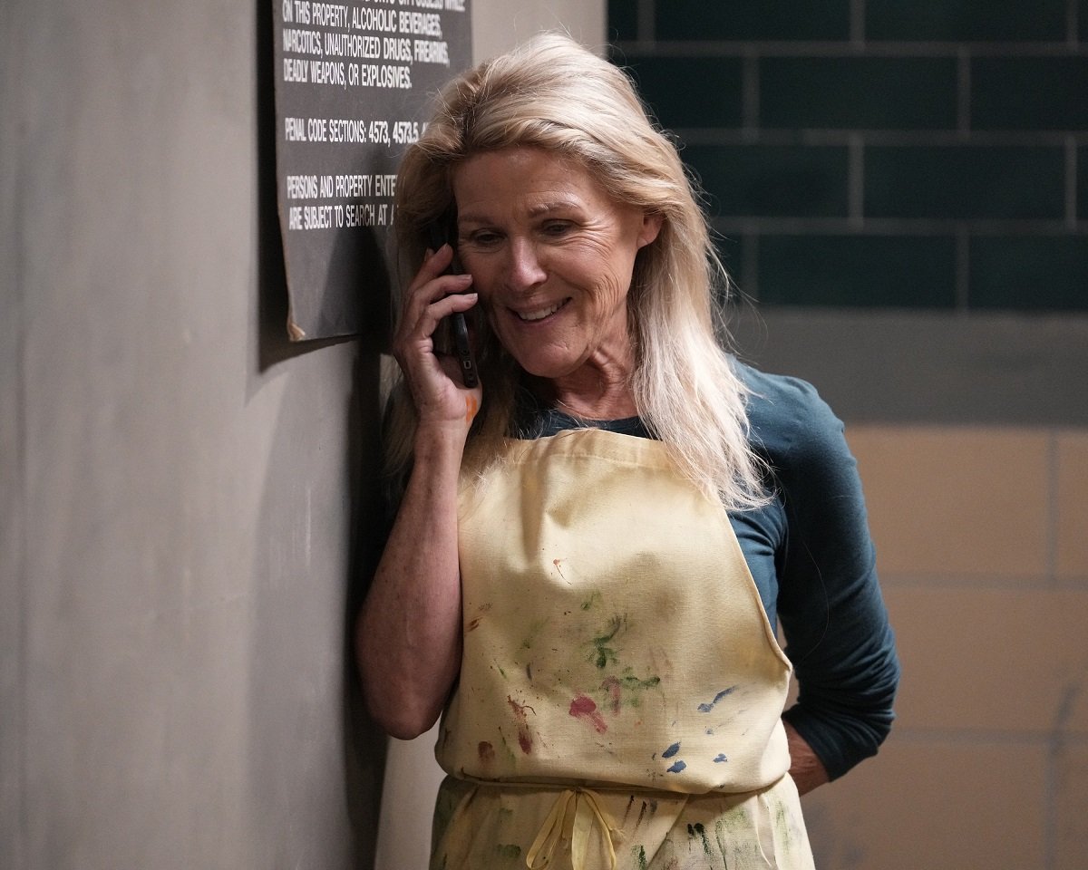 'General Hospital' star Alley Mills in a blue shirt and paint splattered apron; talks on a cell phone.