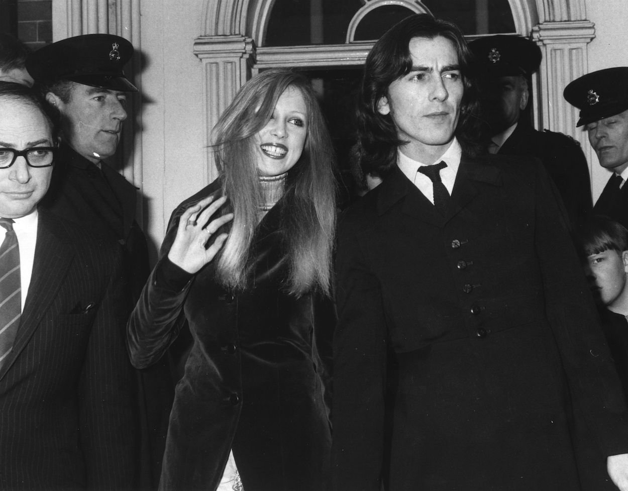 Pattie Boyd (left) and George Harrison leave court after paying a fine for cannabis possession in March 1969.