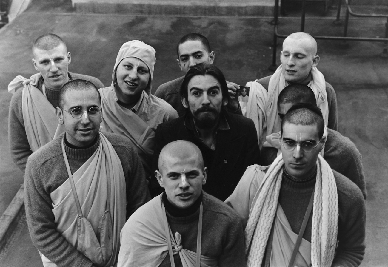 George Harrison with members of the Hare Krishna Temple in 1970.