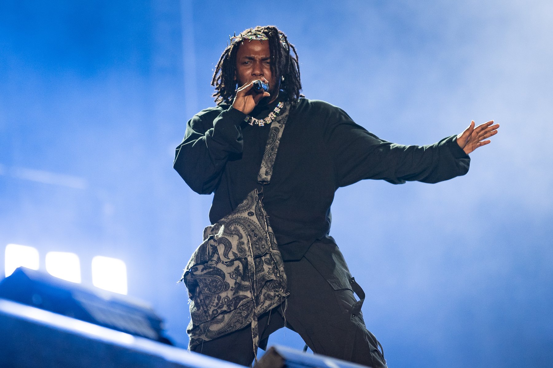 Kendrick Lamar, one of the Best Rap Album nominees at the 2023 Grammy Awards, on stage performing