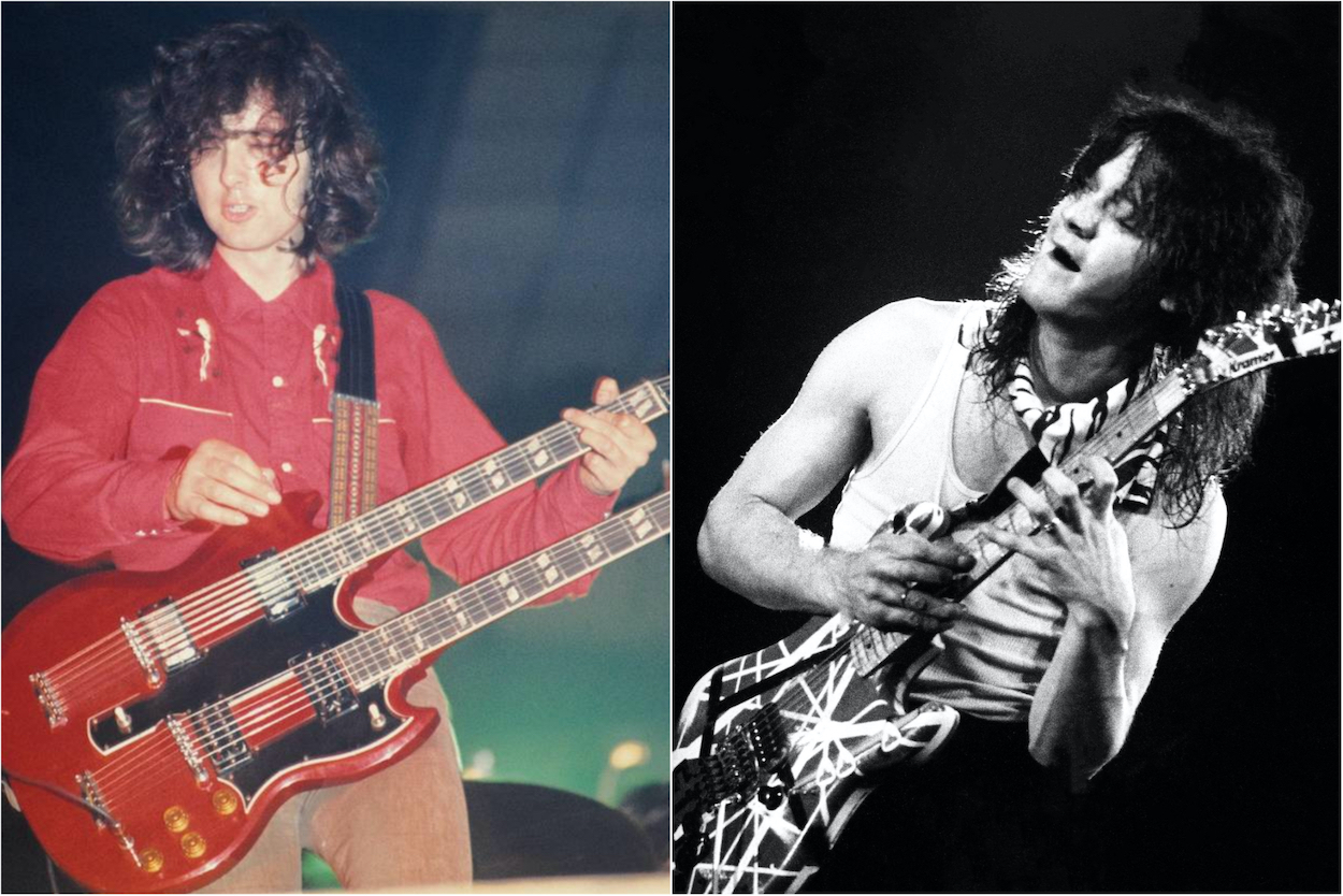 Jimmy Page performs with Led Zeppelin in Amsterdam in 1972; Eddie Van Halen uses his finger-tapping technique to play guitar with Van Halen in 1986.