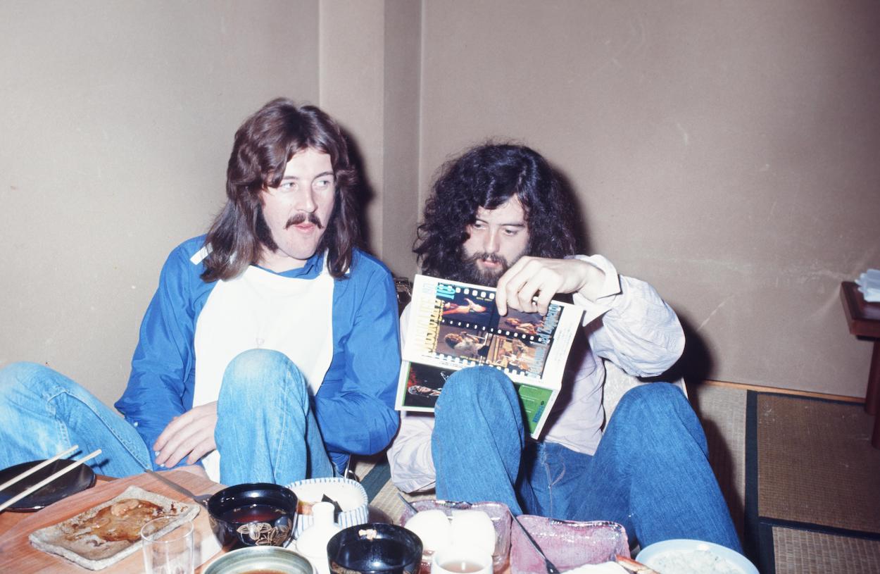 John Bonham (left) and Jimmy Page lounge in a hotel room before a 1971 Led Zeppelin concert in Japan.