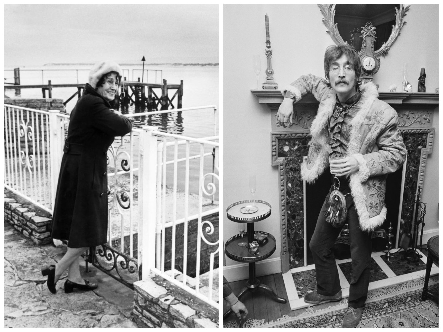 John Lennon's Aunt Mimi leans on a fence overlooking the water. John Lennon leans on a fireplace.