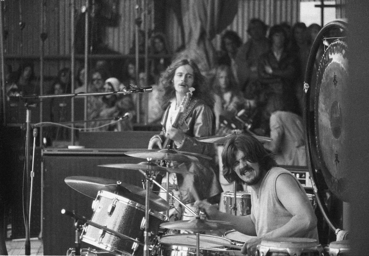 Led Zeppelin bassist John Paul Jones (background) and drummer John Bonham perform in England in 1970.