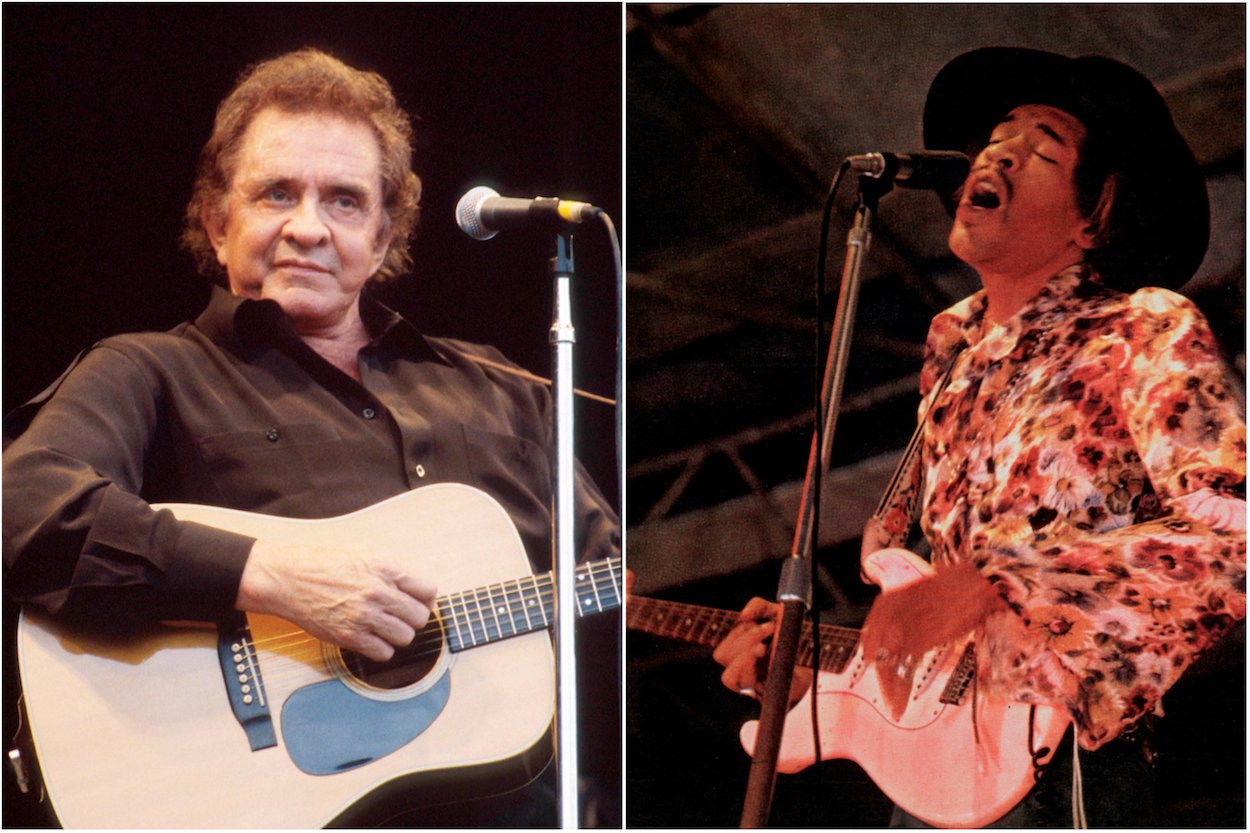 Johnny Cash (left) performs at the Glastonbury Festival in 1994; Jimi Hendrix plays guitar at the 1968 Woburn Pop Festival.