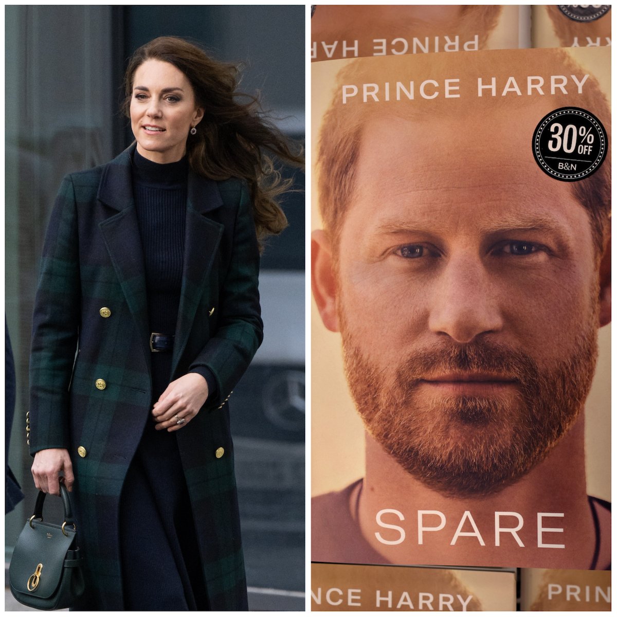 Kate Middleton on Jan. 12, 2023, and Prince Harry on the cover of his 'Spare' memoir