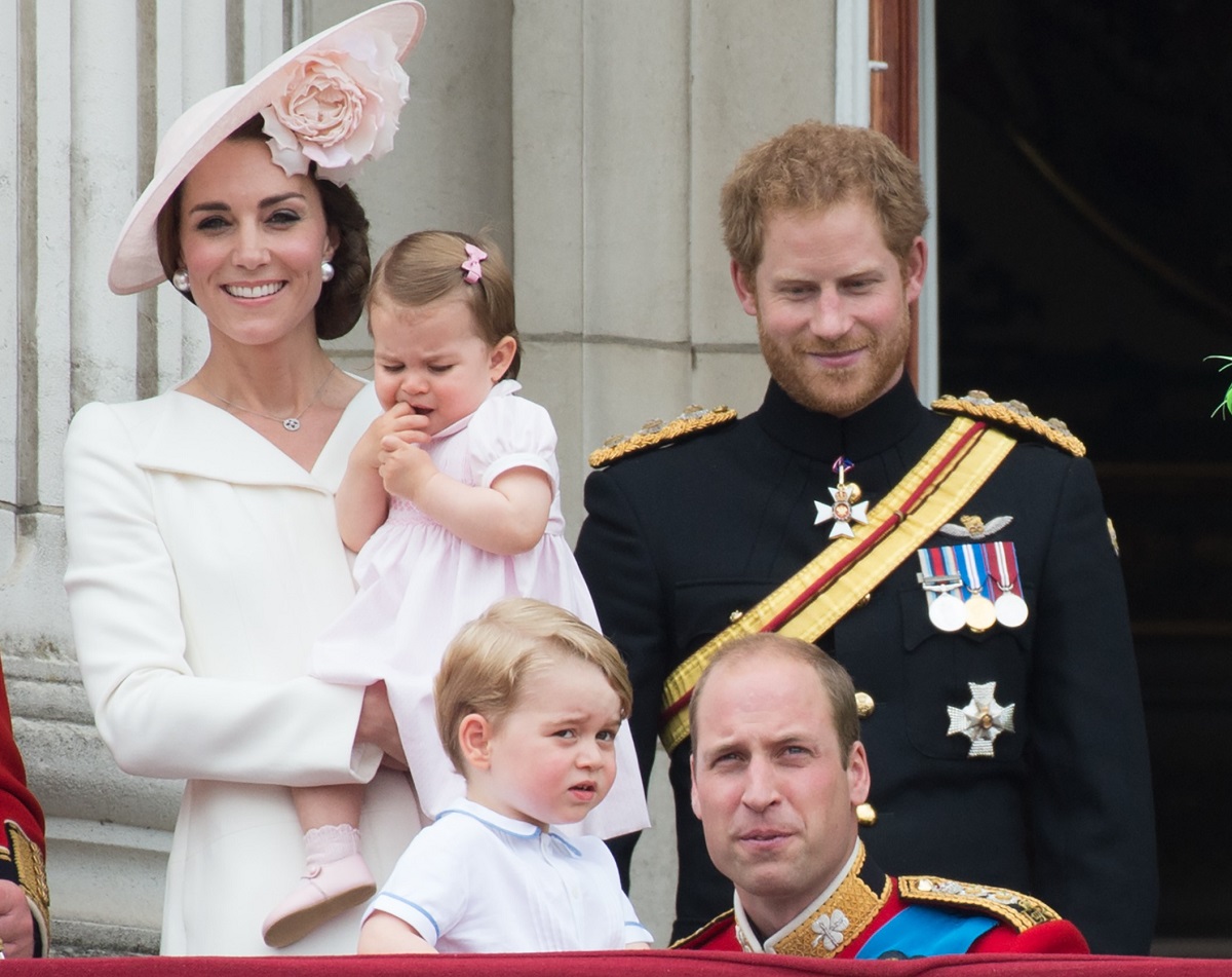 Kate Middleton, Princess Charlotte, Prince Harry, Prince George, and Prince William on the balcony of Buckingham Palace during the Trooping the Colour