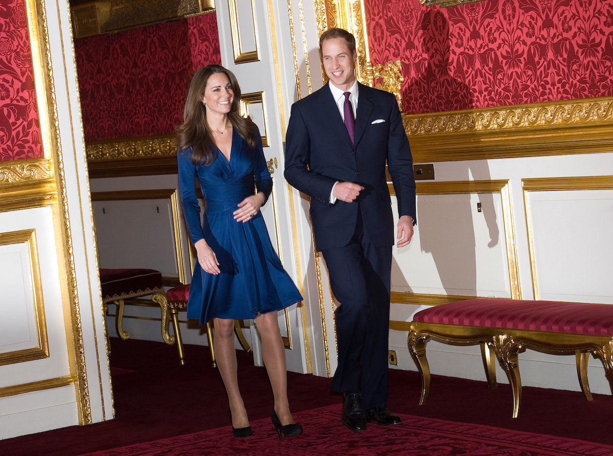 Kate Middleton and Prince William walk side by side as they announce their engagement to be married in 2010