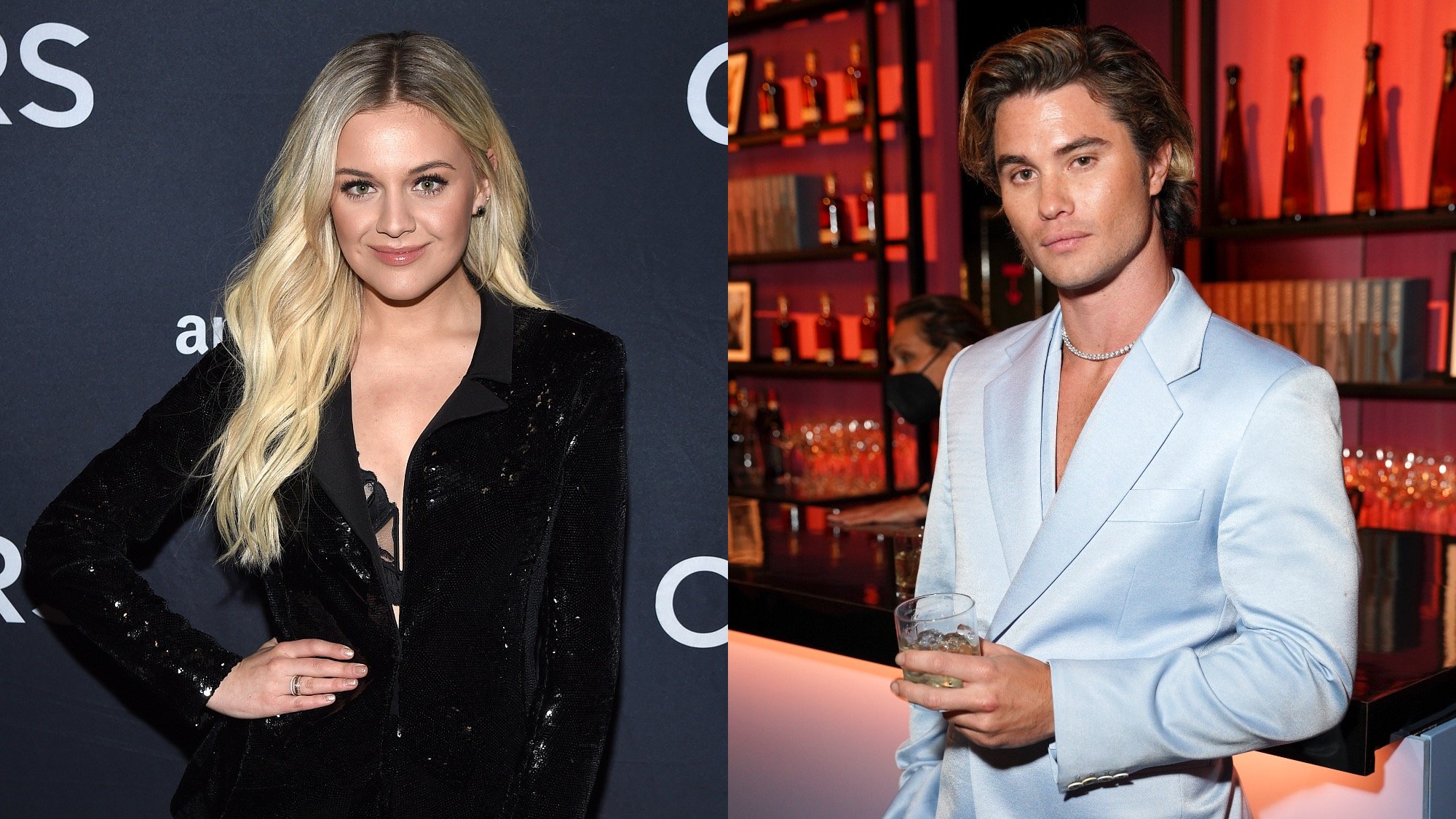 (L) Kelsea Ballerini pictured at Country Heat for CRS 2020 at Omni Hotel on February 19, 2020. (R) Chase Stokes pictured at a party in March 2022. They confirmed rumors of a relationship with a healthy display of PDA. 