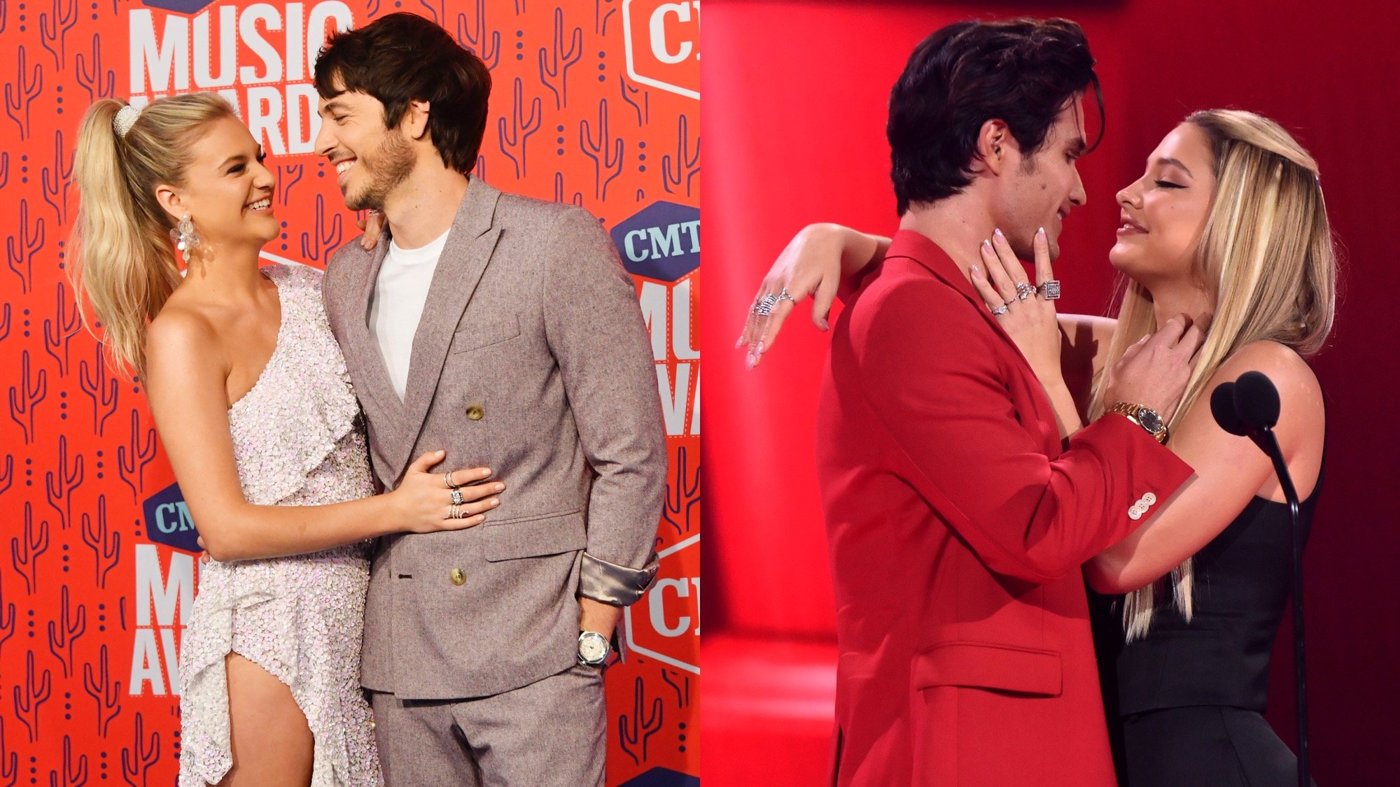 (L) Kelsea Ballerini and Morgan Evans attend the 2019 CMT Music Awards. (R) Chase Stokes and Madelyn Cline accept the Best Kiss award for 'Outer Banks' onstage during the 2021 MTV Movie & TV Awards.