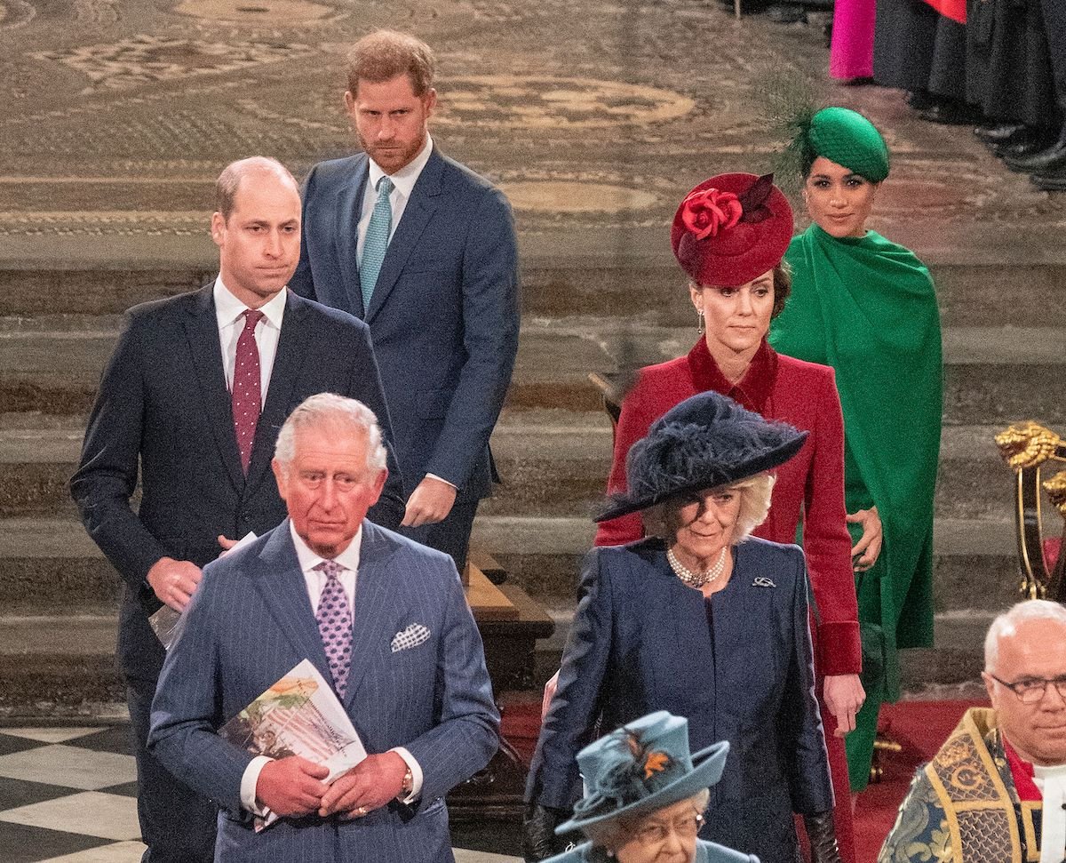 Prince Harry, whose 'Spare' TV interviews prove he has no moves left in battle with the royal family, walks with King Charles, Prince William, , Meghan Markle, Kate Middleton, and Camilla Parker Bowles.