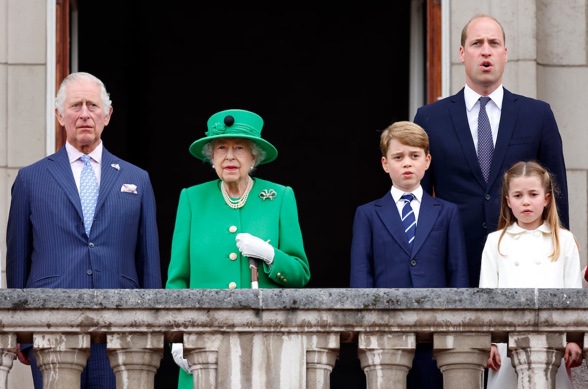 King Charles, Queen Elizabeth, Prince George, Prince William, and Princess Charlotte at Trooping the Colour in 2022