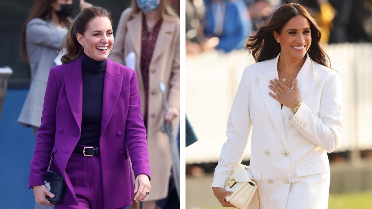 (L) Kate Middleton in Northern Ireland, (R) Meghan Markle in the The Hague, Netherlands