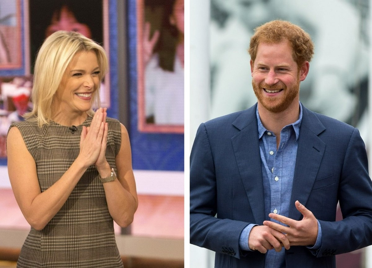 (L) Megyn Kelly laughing with he hands folded near her face, (R) Prince Harry smiling with hands in front of his chest