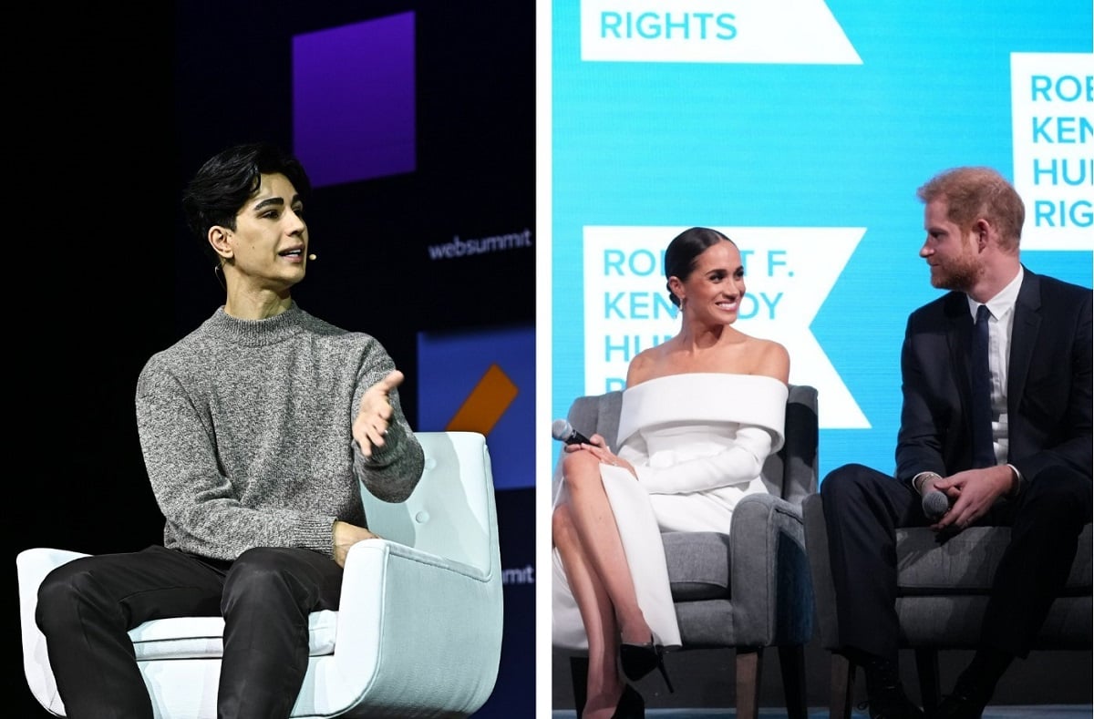 (L) Omid Scobie onstage at the 2022 Web Summit, (R) Meghan Markle and Prince Harry onstage at the 2022 Ripple of Hope Award Gala