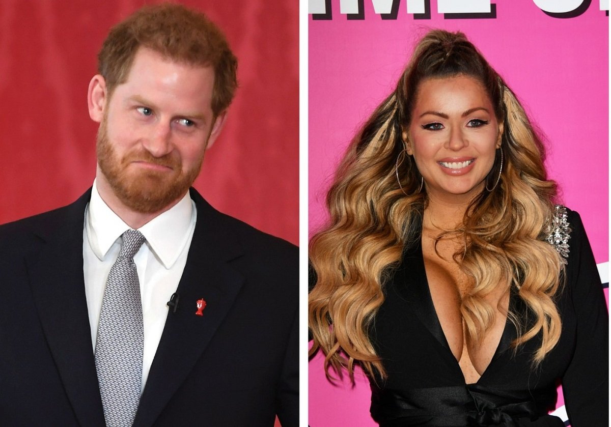 (L): Prince Harry, who a model says was an "animal" drinking tequila, hosting an event at Buckingham Palace, (R): Model Nicola McLean smiling at premiere