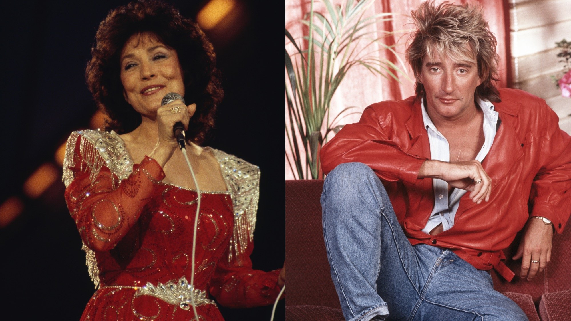 (L) Loretta Lynn, pictured performing in 1985. (R) Rod Stewart in a 1988 portrait.