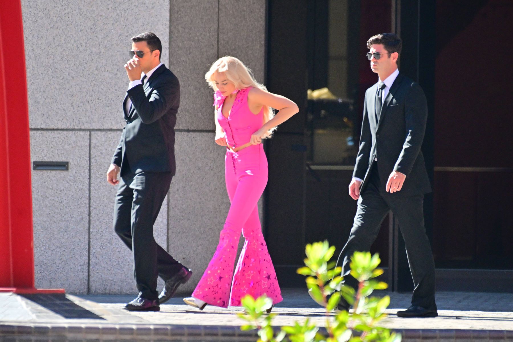 Margot Robbie in costume on the set of 'Barbie' filming in Los Angeles, California