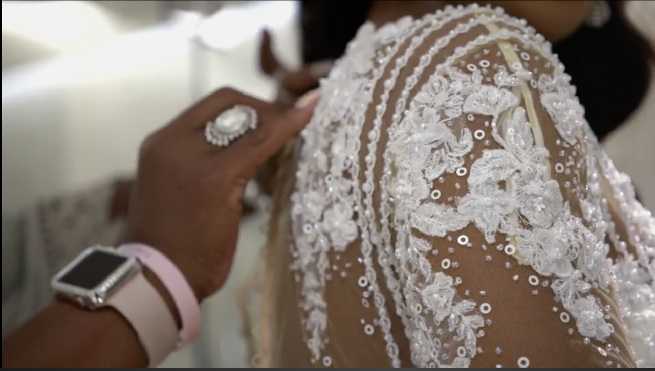 A closeup of Jasmine's wedding dress on 'Married at First Sight' season 16.