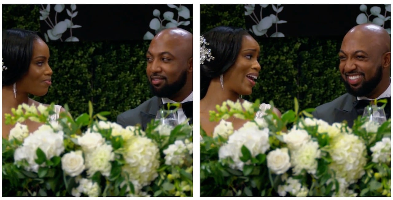 Side-by-side photos of Kirsten and Shaquille at their wedding reception on the 16th season of 'Married at First Sight.'