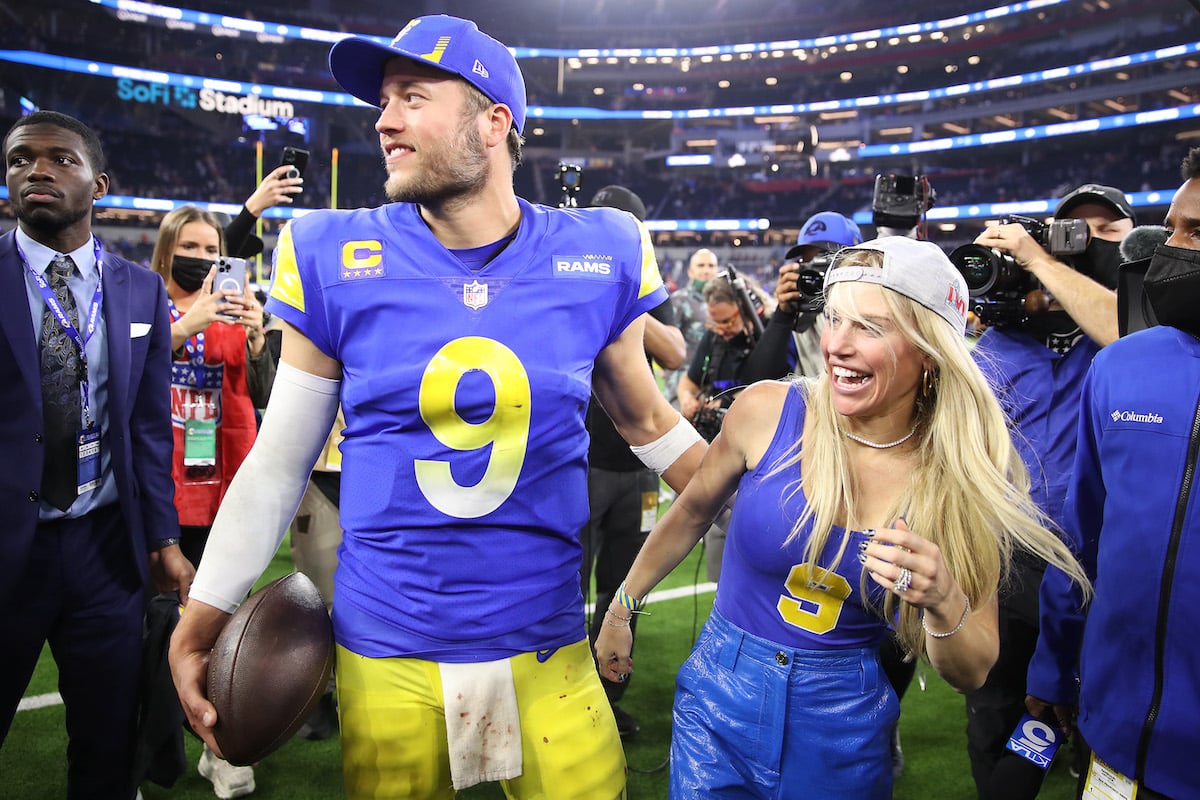 Matthew Stafford of the Los Angeles Rams and wife Kelly react after winning the 2022 NFC Championship