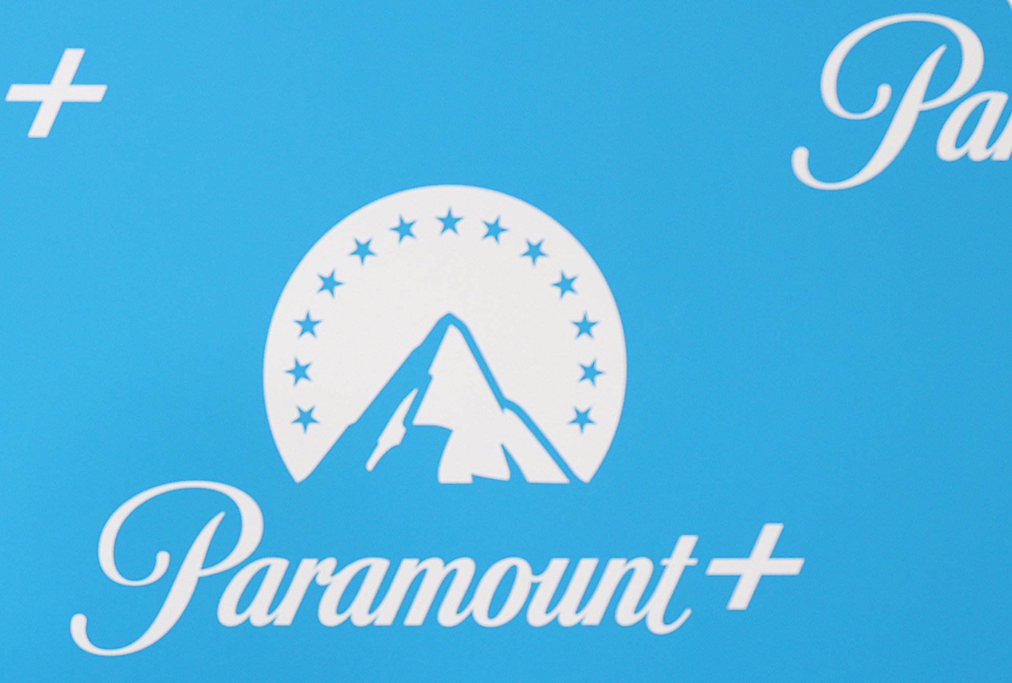 The logo of the streaming service Paramount+ on a logo wall at the Paramount+ launch event