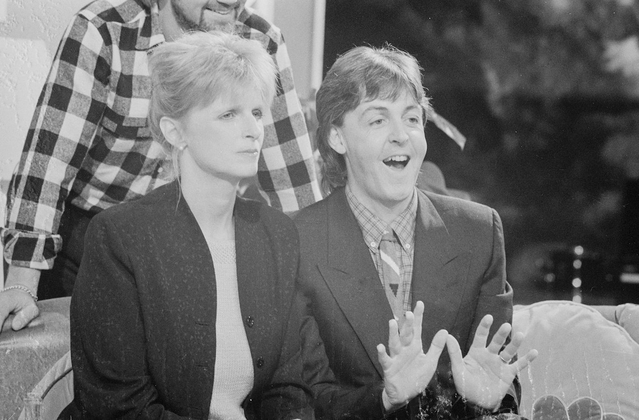Linda McCartney and Paul McCartney on the BBC series 'The Late, Late Breakfast Show' in 1983.