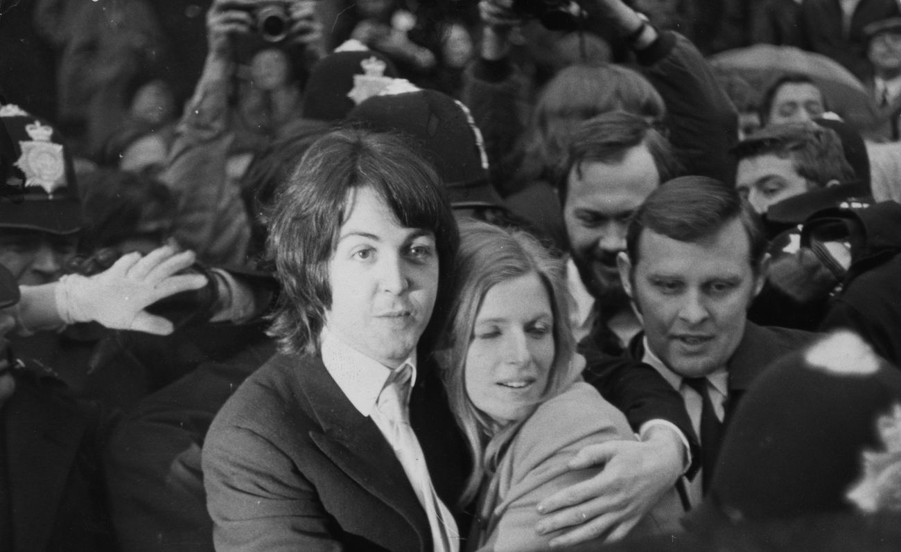 Paul McCartney and his new wife, Linda, after getting married in 1969.