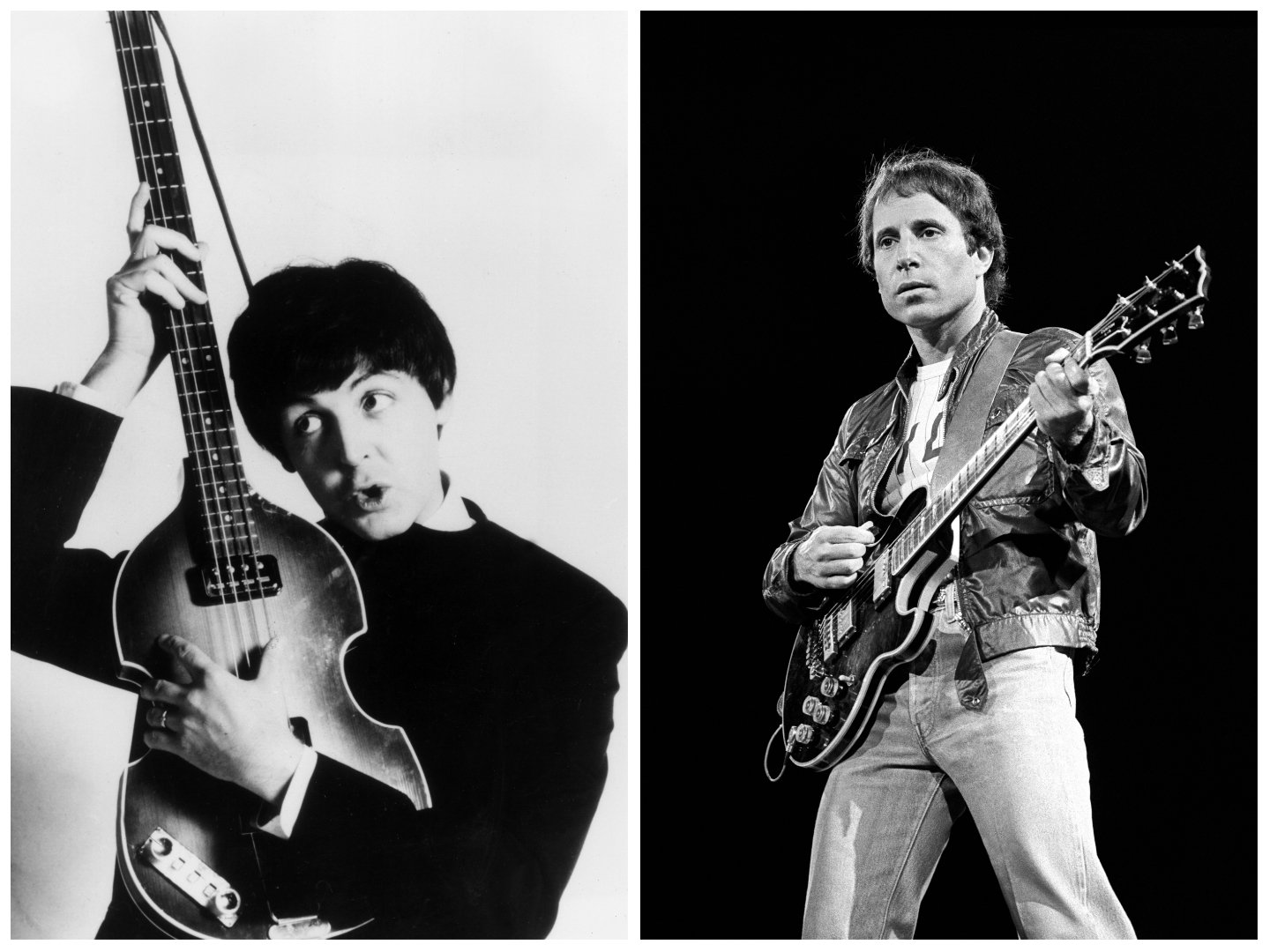 A black and white picture of Paul McCartney holding a bass guitar upright. Paul Simon stands and holds a guitar.