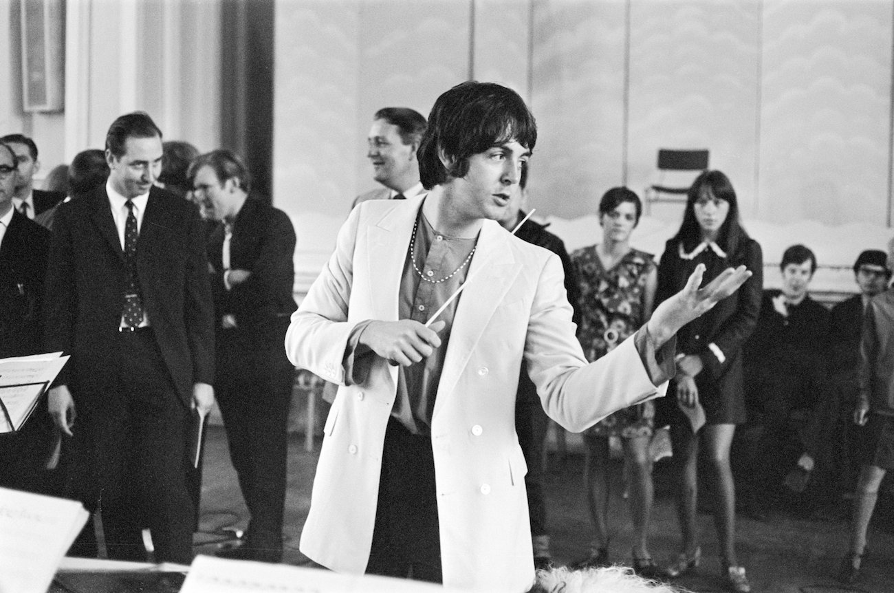 Paul McCartney in a white jacket in 1968.