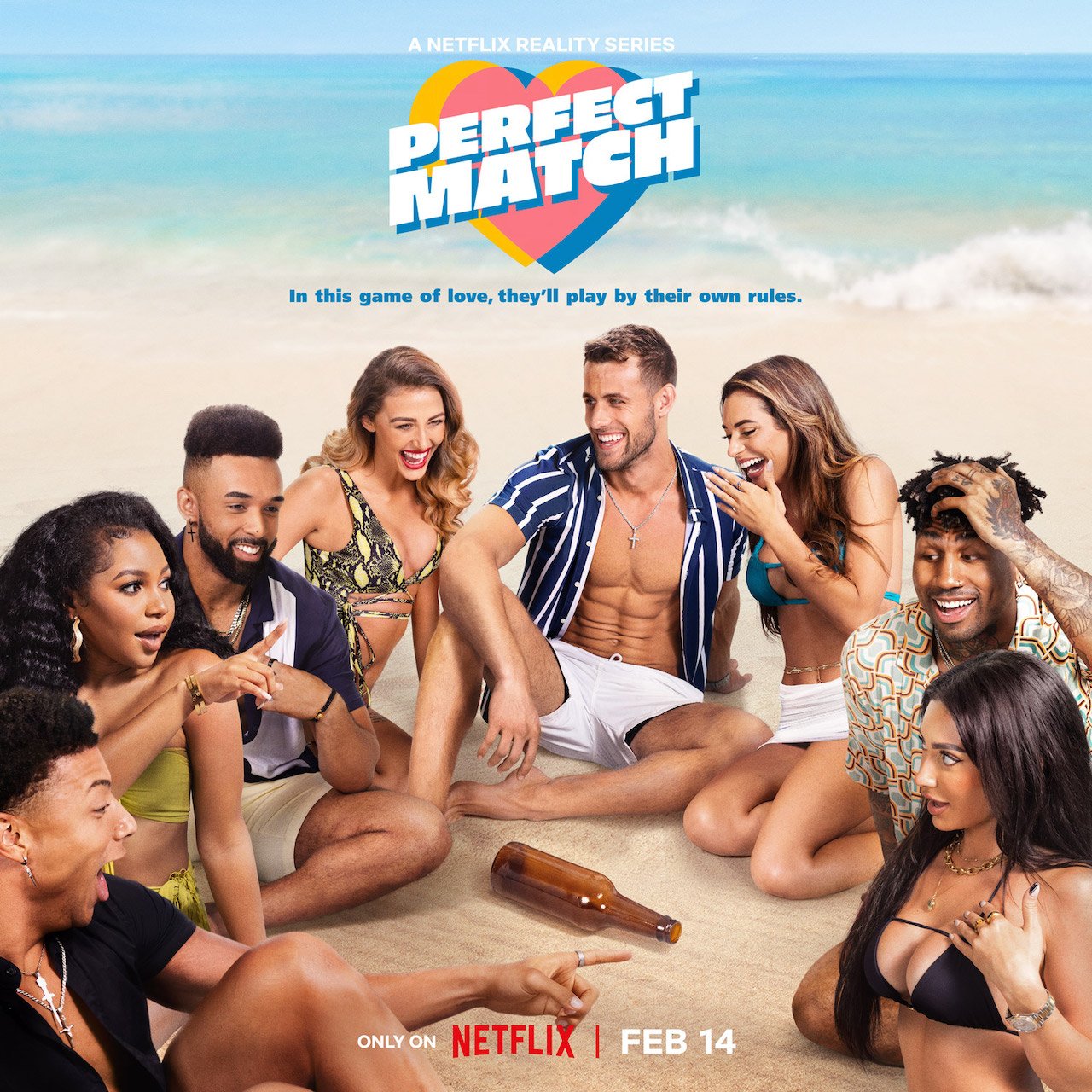 Chase DeMoor, Anne-Sophie Petit-Frere, Bartise Bowden, Chloe Veitch, Georgia Hassarati, Mitchell Eason, Dom Gabriel, and Francesca Farago sit in a circle on a beach for 'Perfect Match'.
