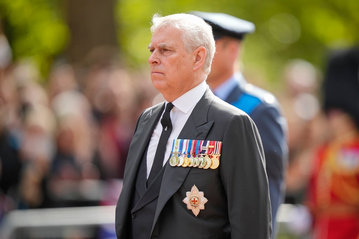Prince Andrew walking ceremonial procession behind the coffin of Queen Elizabeth II