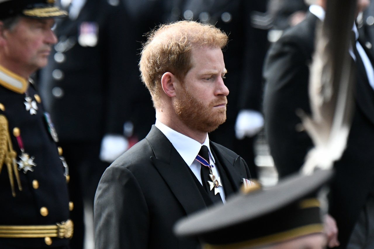 Prince Harry at the funeral of Queen Elizabeth II.