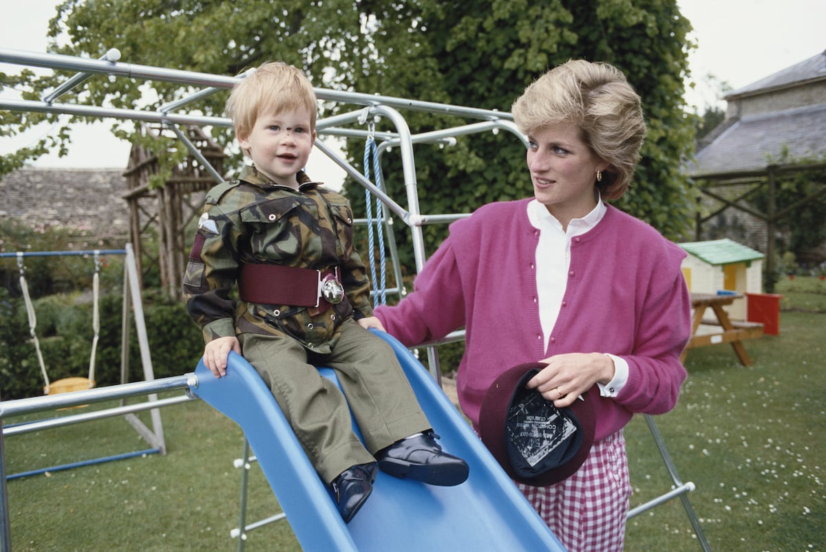 A young Prince Harry sits on top of a slide while Princess Diana rests a hand on his back.