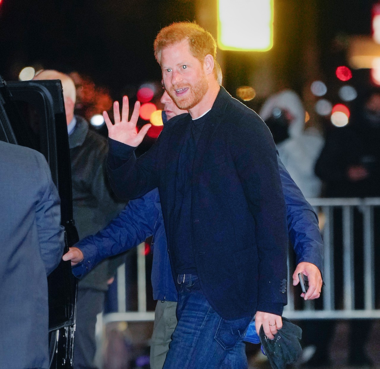 Prince Harry waves after the Stephen Colbert show.