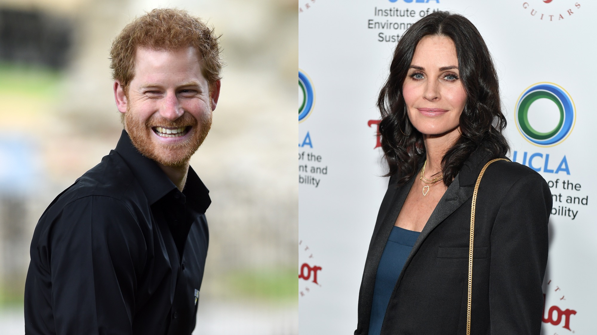 (L) Prince Harry attends the UK Team Launch For Invictus Games Toronto 2017 at The Tower of London on May 30, 2017. (R) Courteney Cox attends UCLA's 2018 Institute of the Environment and Sustainability Gala on March 22, 2018.