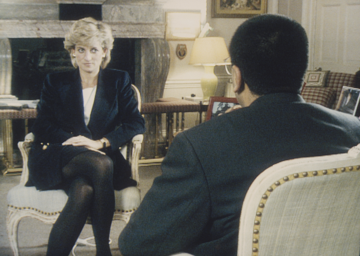 Princess Diana sits across from interviewer Martin Bashir at Kensington Palace during BBC 'Panorama' interview, 1995. 